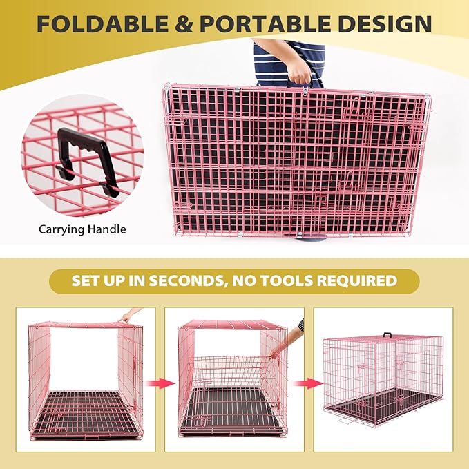 BestPet | Dog Crate | 48" | Pink | Foldable Metal Kennel with Double Doors, Secure Slide-Bolt Latches, Leakproof Tray | Portable Dog Cage for Large Breeds | for Travel, Indoor & Outdoor Use-PawvioPets