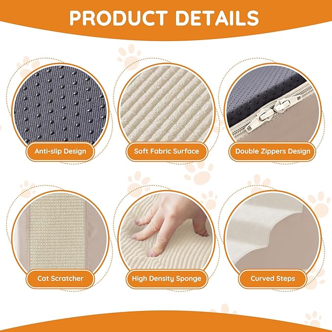 Dogs Steps for Bed, Dog Stairs for Small Dogs, 4-Step Dog Ramp for Bed, Couch, Sofa, and Chairs, Non-Slip Bottom Design, Cat Scratching, High Density Foam Portable Pet Step, Indoor, Beige-PawvioPets