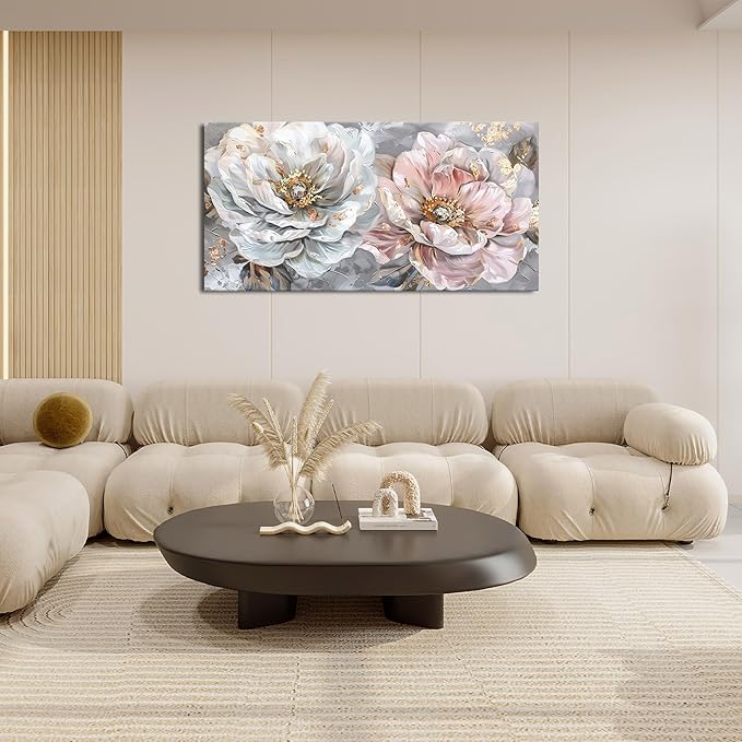 Extra Large Flower Wall Art Pink and White Floral Canvas Living Room Golden Pictures Framed Prints Oversize Wall Decor Big Painting Artwork for Bedroom Dining Office Home 60"x30"-PawvioPets