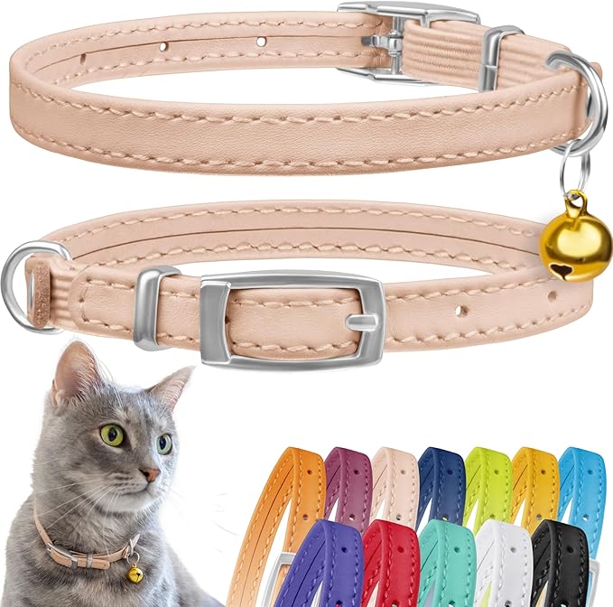 CollarDirect Leather Cat Collar, Kitten Collar with Removable Bell Black Blue Red Orange Lime Green (6-7 Inch, Beige)-PawvioPets