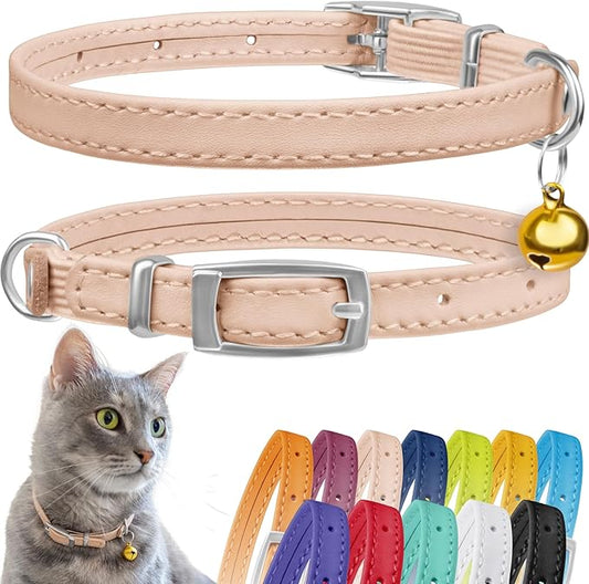 CollarDirect Leather Cat Collar with Bell - Kitten Small and Big Cat Collar for Boy Cats, Girl Cats with Safety Elastic Strap (Neck Fit 6"-7", Beige)-PawvioPets