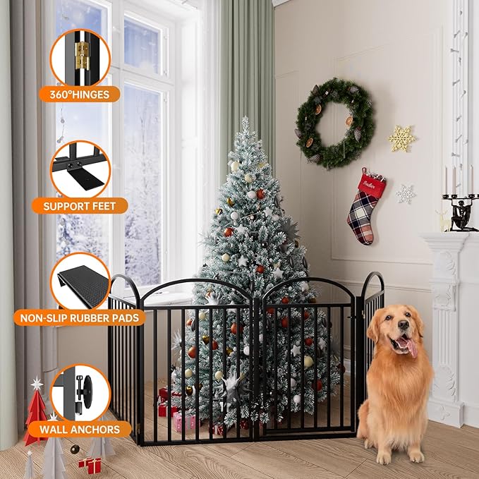 4 Panles Full Matel Freestanding Dog Gates with Door, 96"Extra Wide 32"Tall Free Standing Dog Pet Gate for Indoor & Outdoor. Foldable Pet Fences for Doorways, House, Stairs, Porch, Deck, Yard-PawvioPets