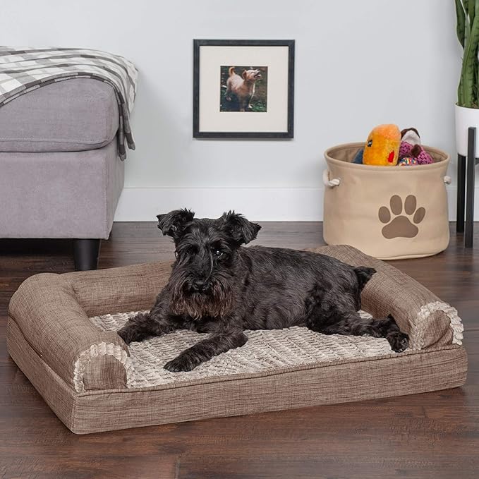 Furhaven Cooling Gel Dog Bed for Medium/Small Dogs w/ Removable Bolsters & Washable Cover, For Dogs Up to 35 lbs - Luxe Faux Fur & Performance Linen Sofa - Woodsmoke, Medium-PawvioPets
