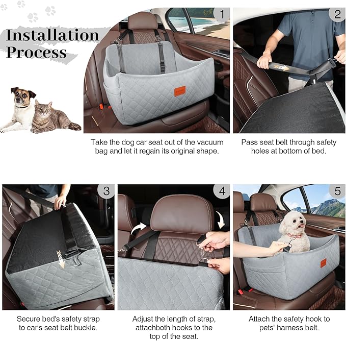 Dog Car Seat for Medium & Large Dogs Up to 55lbs, Memory Foam Cushion, Washable Cover, Safety Straps & Non-Slip Base(Grey,Large)-PawvioPets