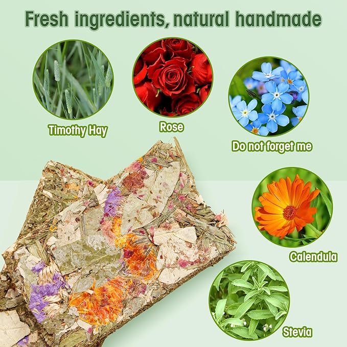 Abizoo Rabbit Natural Treats,10Pcs Timothy Hay Toys Chips Bunny chew Toys with Herbal Flowers Guinea Pig Treats for Hamster Chinchillas Gerbils Rats Small Animals Teeth Care Crisp Snacks-PawvioPets