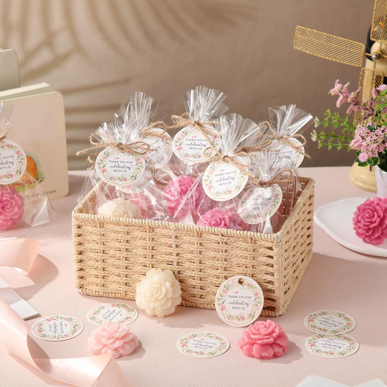 Demissle 20 Set Flower Mini Soaps for Guests Rose Soap Baby Shower Soap Favors with Thank You Tags for Wedding Bridal Guest Gift Party Favor(Dark Pink)