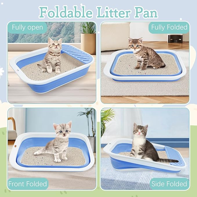 Fhiny Cat Litter Box Portable Shallow Litter Box 17.7"x13.4"x4.9" Foldable Cat Toilet with Scoop Open Kitty Potty Pan with Litter Drop Pedal Easy to Clean Travel Kitten Toilet(Blue)-PawvioPets