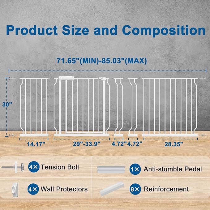 ALLAIBB Extra Wide Pressure Mounted Baby Gate Walk Through Child Kids Safety Toddler Tension White Long Large Pet Dog Gates with Extension for doorways Kitchen (71.65-85.03"/182-218cm, White)-PawvioPets