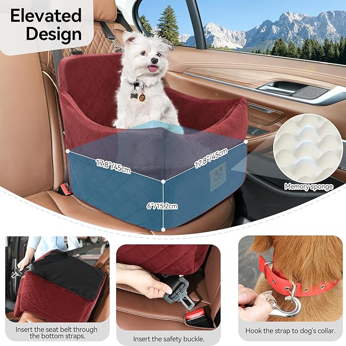 Dog Car Seat for Small/Medium Dogs, Dog Booster Car Seats with Thick Cushion for Dogs Under 35lbs, Detachable Washable Pet Car Seat with Storage Pockets, 2 Safety Belts(Red)-PawvioPets