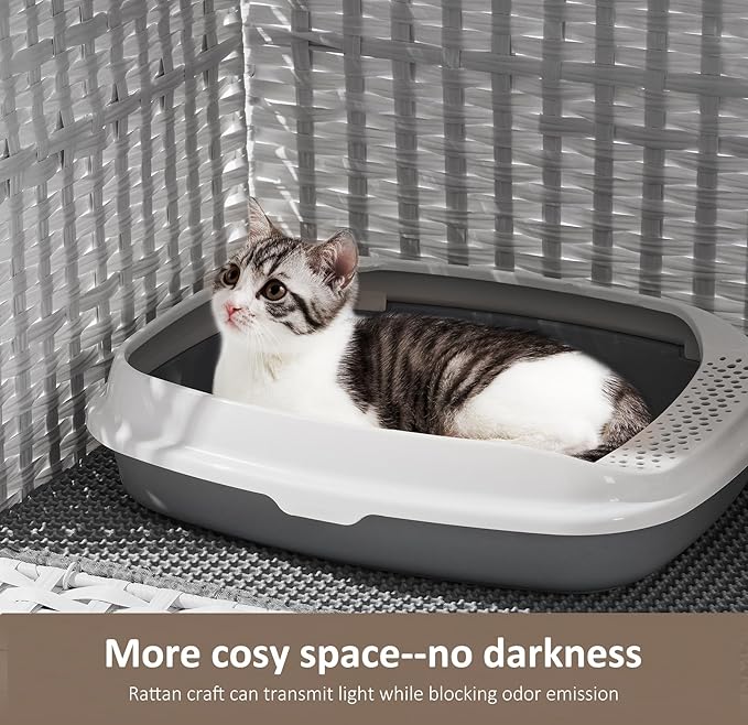 Cat Litter Box Enclosure with Soft Litter Mat; Hidden Cat Washroom Furniture with Door; Handwoven Rattan Cat House with Large Space; Pet Crate for Living Room, Bedroom, Balcony (White)-PawvioPets
