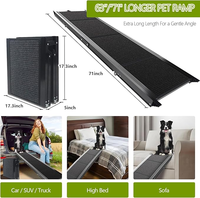 Dog Ramp for Cars SUV Truck-17.3x71in Heavy Duty Foldable Wide Outdoor Pet Stairs with Non-Slip Surface Portable Folding Design for Large Dogs Up to 250lbs (71" L x 17.3" W)-PawvioPets