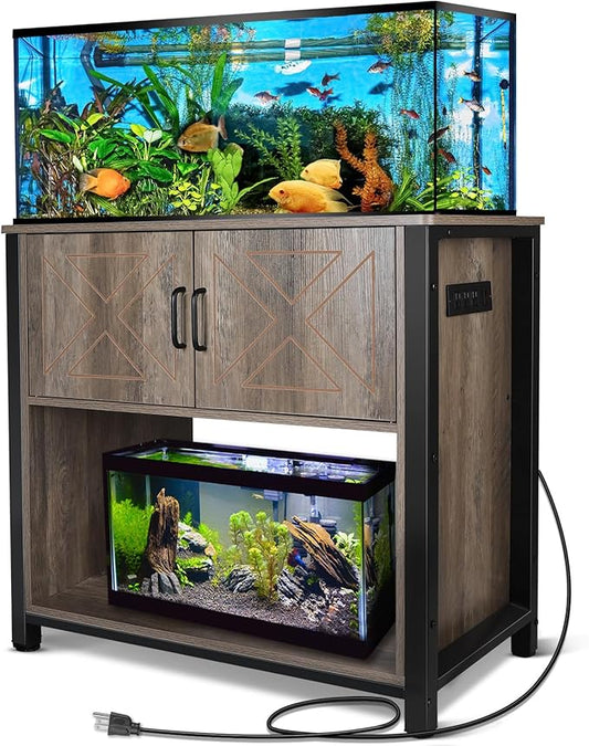 40 Gallon Aquarium Stand with Cabinet & Power Outlets, Heavy Duty Metal Stand for 40-50 Gallon Breeder & Turtle Tanks, Double Terrarium Stand, 660LBS Capacity, Grey-PawvioPets