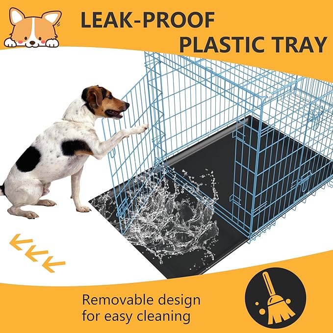 FDW Dog Crate for Medium Dogs 36 Inch Folding Metal WirePet Cage Double Door W/Divider Panel Indoor Outdoor Kennel Leak-Proof Plastic Tray,Blue-PawvioPets