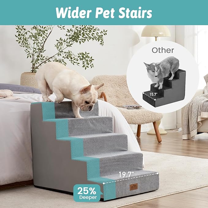 Dog Stairs for Small Dogs, 5 Tier Wider Pet Stairs for High Beds, 23.6" H Non-Slip Dog Steps for Old Cats, Puppies, Small Medium Dogs, 29.5x19.7x23.6 inch, Grey-PawvioPets