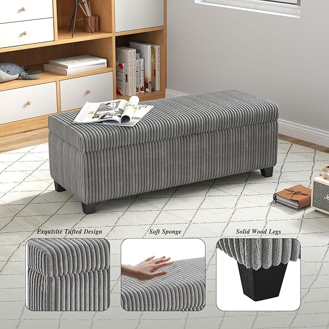 48" Ottoman with Storage, Corduroy Storage Ottoman Bench for Bedroom, End of Bed Bench with Safety Hinge for Living Room, Bedroom, Entryway, Grey-PawvioPets