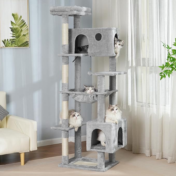 72” Cat Tree for Large Cats Big Cat Tower with Enlarged Hammock 21.6x17.7” Spacious Cats Condo House and Roomy Top Bed and Multiple Scratch Posts for Indoor Adult Cats (Grey, XLarge-72)-PawvioPets