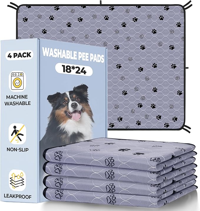 Fostanfly Washable Pee Pads for Dogs, Ultra-Absorbent & Leakproof Reusable Puppy Pads Non-Slip Protects Against Urine Leakage for Potty Training-4 Pack 18"x24" Add 8 Lanyards-PawvioPets