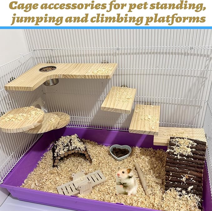 8 Pcs Wooden Hamster Cage Platform Set Wood Juvenile Chinchilla Shelves, Squirrel L-Shape Corner Ledge with Hole Cooling Standing Board Rat Cage Accessories for Gerbil Small Animal Climbing-PawvioPets
