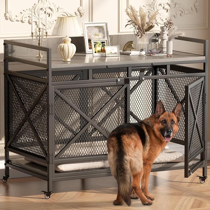 COZPAW Large Dog Crate Furniture, 48 Inch Wooden Dog Kennel for XLarge Dogs, Heavy Duty Dogs Furniture Indoor Wire Dog Cage with Caster Wheels,Decorative Pet House End Table, Textured Gray-PawvioPets