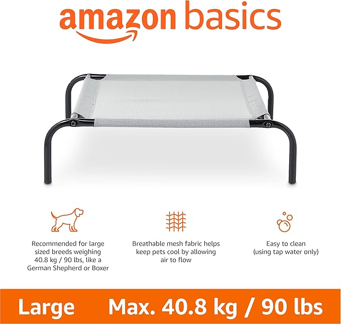 Amazon Basics Cooling Breathable Elevated Dog Bed with Metal Frame for Large Dogs, 51 x 31 x 8 Inch, Grey-PawvioPets