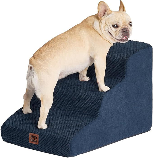 EHEYCIGA Curved Dog Stairs Ramp for Small Dogs 15.7" H, 3-Step Dog Steps for Couch Sofa and Chair, Pet Stairs for Cats, Non-Slip Balanced Pet Steps Indoor, Navy-PawvioPets