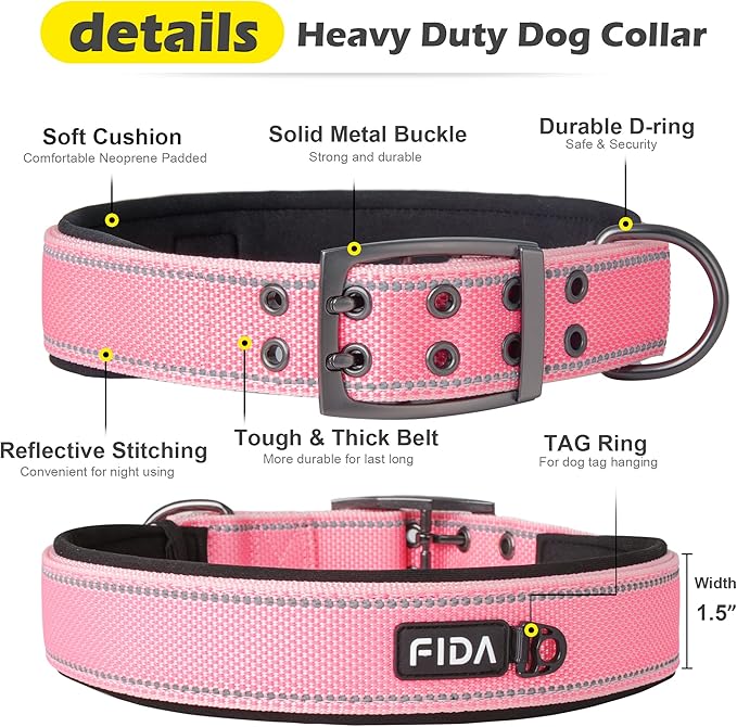 Fida Heavy Duty Dog Collar 1.5” Width, Ultra Soft Neoprene Padded, Adjustable Reflective Nylon Pet Collar with Two Metal Pin Belt Buckle for Large/X-Large Breeds (XL, Pink)-PawvioPets