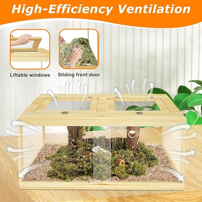 32" Hamster Habitat Enclosure, Lockable Sliding Door Gerbil Cage, Dwarf Hamster Cage with Metal Mesh Roof, Chewproof Syrian Hamster Cage for Mice, Small Animal, (Wooden, 32" L x 16" W x 16" H)-PawvioPets