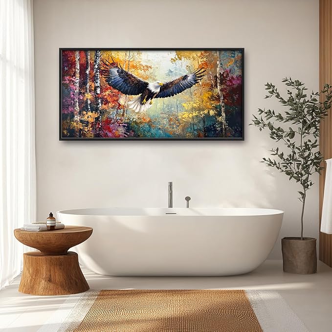 Extra Large Framed Bald Eagle Wall Art,Abstract Colorful Forest Wall Decor,Autumn Fall Forest Pictures for Living Room,Canvas Print Painting Modern Artwork Bedroom Office Home Decor 60L x 30W-PawvioPets