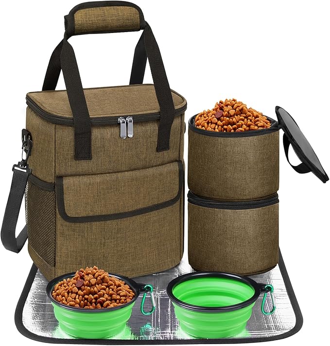 Dog Travel Bag for Camping - Pet Travel Accessories with 2 Collapsible Bowls, 2 Food Containers & Waterproof Feeding Mat - Portable Dog Carrier, Coffee (Small)-PawvioPets