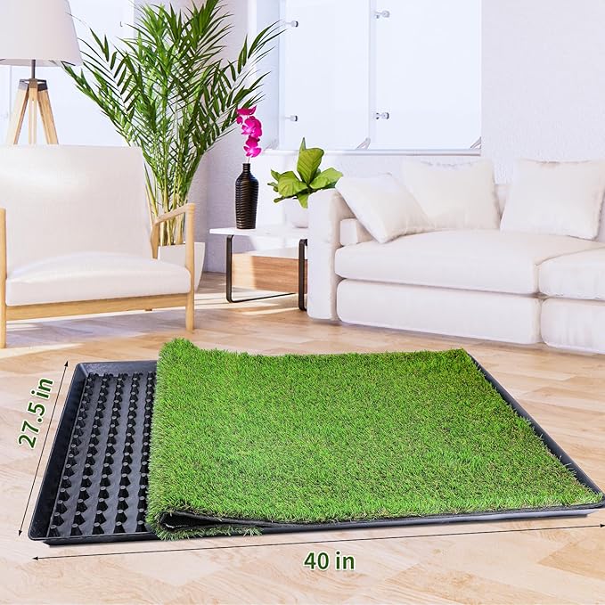 Dog Grass Pad with Tray(40×27.5 inch), Large XL Reusable 3-Layer Dog Pee Potty Grass Pads, Easy to Clean Artificial Fake Grass for Indoor Outdoor and Balcony (2 Pcs Grass Pad+Drainage Grate+Tray)-PawvioPets