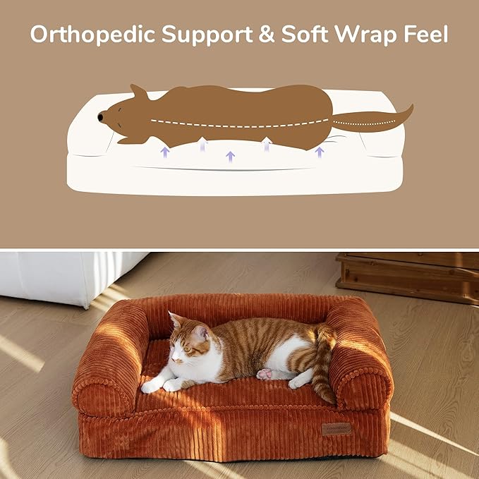 FUKUMARU Dog Couch Bed, Corduroy Cozy Cat Bed for Indoor Cats with Washable Cover, Supportive Waterproof Dog Beds Sofa for Small Dogs and Large Cats Cute, 28inch, Medium, Orange-PawvioPets