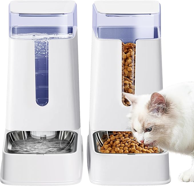 Automatic Cat Feeder and Cat Water Dispenser Set with Stainless Steel Bowls Gravity Dog Feeder for Small Medium Big Dog Pets Puppy Kitten, 3.8L x 2-PawvioPets