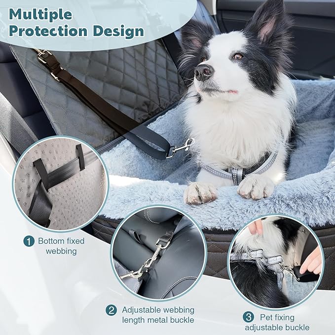 Dog Car Seat for Large/Medium Pet, Anti Slip Bottom Dogs Booster Seat for All Seasons,Pet Travel Bed with Thick Dog Sofa Cushion,2 Safety Leashes(Black)-PawvioPets