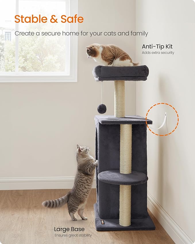 Feandrea Cat Tree Tower with 2 Caves for Multi-Cat Households, Kittens, Scratching Posts, Dark Gray UPCT005G02-PawvioPets