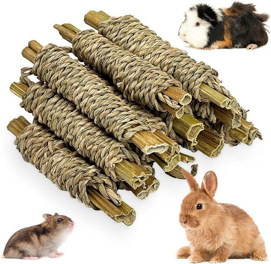 Fhiny 12 PCS Rabbit Chew Sticks, Natural Papaya Wood Seagrass Guinea Pig Chew Toys for Teeth Small Animal Molar Sticks Snacks for Bunny Guinea Pig Chinchilla Ferret Hamster Gerbil Dental Care-PawvioPets
