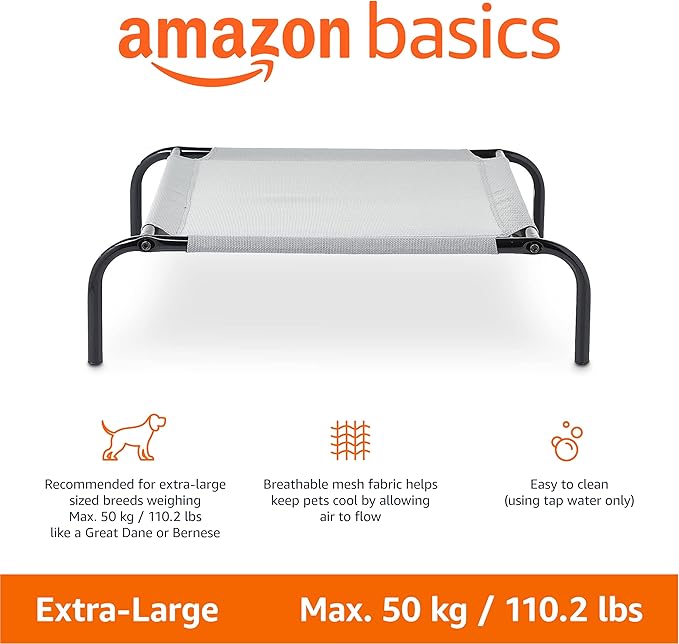 Amazon Basics Cooling Elevated Breathable Pet Bed For Dog, X-Large (60.1 x 37.1 x 8.9 Inches), 1 count, Grey-PawvioPets