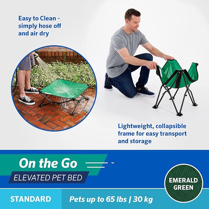 Coolaroo On-The-Go Elevated Dog Bed - Foldable Pop-Up Travel Dog Bed with Breathable, Moisture-Resistant Fabric, Carry Bag Included, Lightweight & Portable, Emerald Green, Standard-PawvioPets