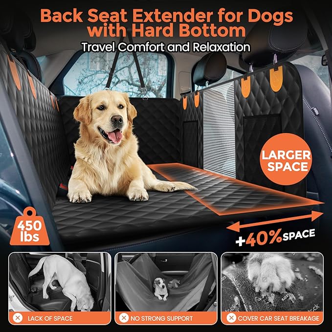 Back Seat Extender for Dogs - Holds 450lbs, Waterproof Dog Car Seat Cover for Back Seat with Hard Bottom for Cars SUVs Truck,Anti-Scratch No Slip Large Space Pet Backseat Protector,Black-PawvioPets