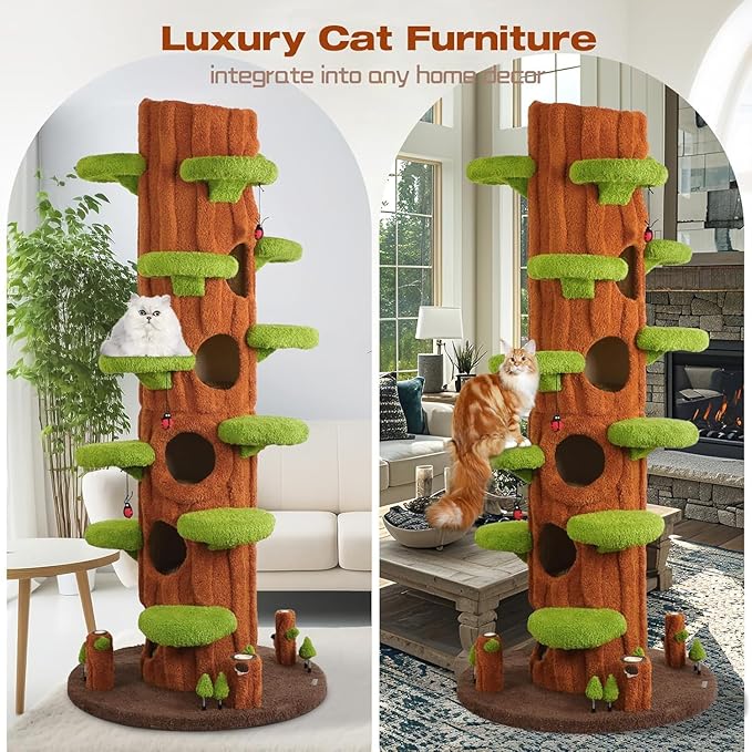 Extra Large Cat Tree Tower,90.55" Tall Forest Theme Cat Condo for Indoor Cats,Multi-Level Luxury Huge Cat Condo with Scratching Mats,Removable Mats,Heavy Duty House with Toys for Multi-Cat Household-PawvioPets