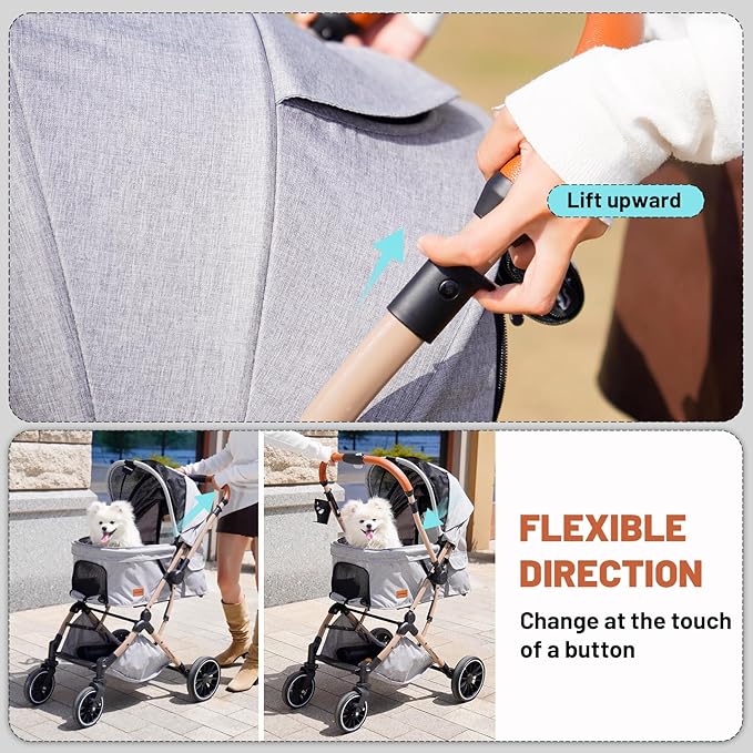 EchoSmile Small Medium Dogs Stroller 4-Wheel Pet Strollers for Medium Dogs Up to 50lbs, One Click Folding Large Cat Stroller, Reversible Handle, Shock Absorbing Wheels, Removable Washable Pad-PawvioPets