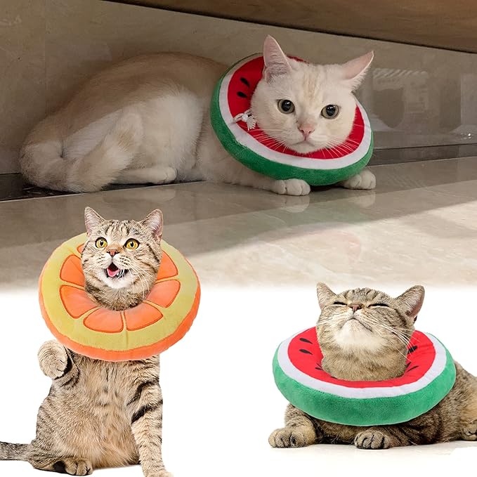 2 Pcs Adjustable Cat Cone Collar Soft Small Cute Cat Recovery Donut Collar After Surgery Orange Watermelon Elizabethan Kitten Neck Cones for Small Dogs Pet, Fruits Shaped, Under 7 lbs-PawvioPets