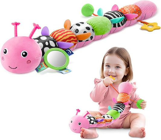Baby Toys 0-6-12 Months,Musical Caterpillar Stuffed Animals Activity Infant Toys with Crinkle,Rattles,Mirror&Pull String,Muti-Sensory Toys Gifts for Newborn Tummy Time,Candy Pink|Leafy-PawvioPets