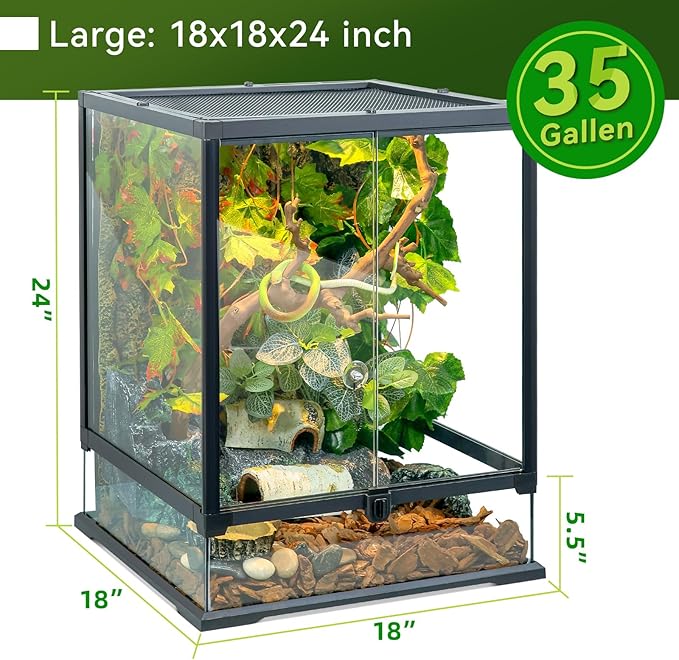 Glass Reptile Tank Front Opening Terrarium Suitable for Leopard Geckos, Snakes, Tree Frogs, Chameleons,Watertight Base, Ventilated Metal Mesh Top, Pre-Drilled Cable Holes 23.9x18x18''-PawvioPets