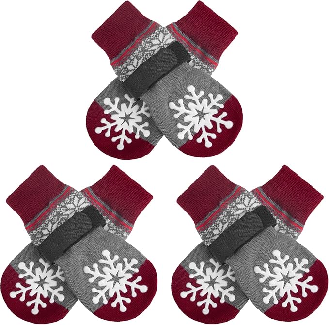 BEAUTYZOO Christmas Winter Anti-Slip Dog Socks with Grips Traction Control for Small Medium Large Dogs, Non Skid Indoor Double Side Pet Paw Protector for Hardwood Floor Wear, Snowflake S/M-PawvioPets