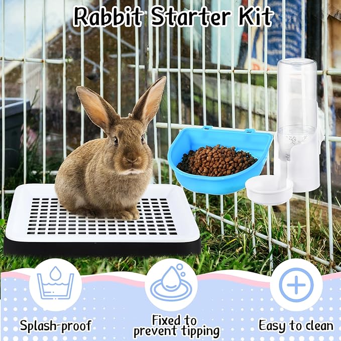 19 Pcs Rabbit Starter Kit Small Bunny Litter Box Rabbit Grooming Kit Water Bottle Bunny Toys Hay Feeder Bowl Blankets with Cleaning Set for Guinea Pig Accessories(Black,Cloud)-PawvioPets