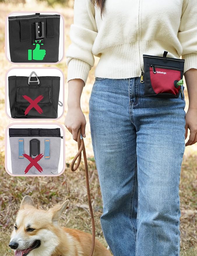Gobeigo Dog Treat Pouch and Training Clicker, Upgrade Two Magnetic Closure to Prevent Spills, 2 Cup Treat Bag with Poop Bag Dispenser, Metal Clip Waist Belt Fanny Pack for Pet Walking(Black/Red)-PawvioPets
