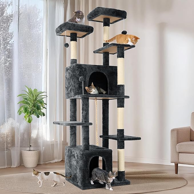 69in Large Cat Tree Tower for Indoor Cats with Soft Plush Hang Ball, Two Condos, Sisal Scratch Posts & Rope Play for Kittens/Adult Cats, Deep Grey-PawvioPets