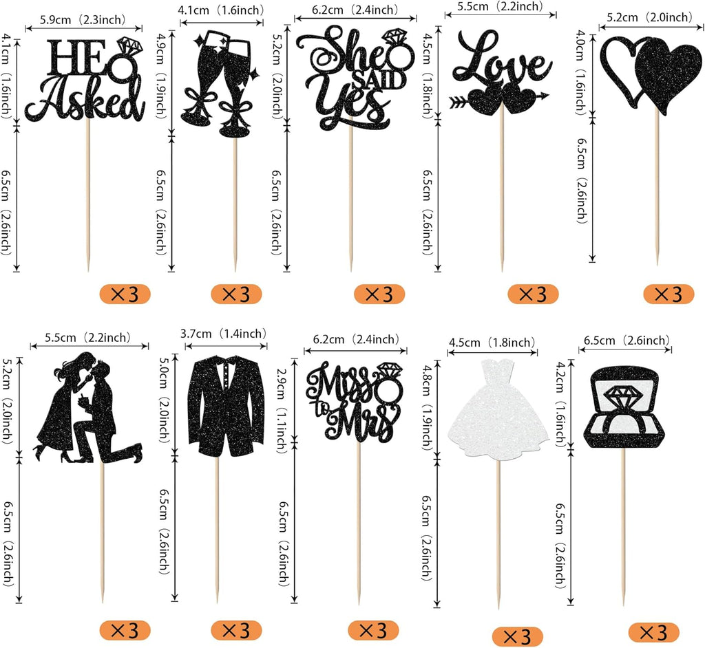 30 Pack Bride to be Cupcake Toppers Glitter Diamond Ring Love I Do Cupcake Picks Miss to Mrs He Asked She Said Yes Bridal Shower Wedding Engagement Bachelorette Cake Decorations Party Black