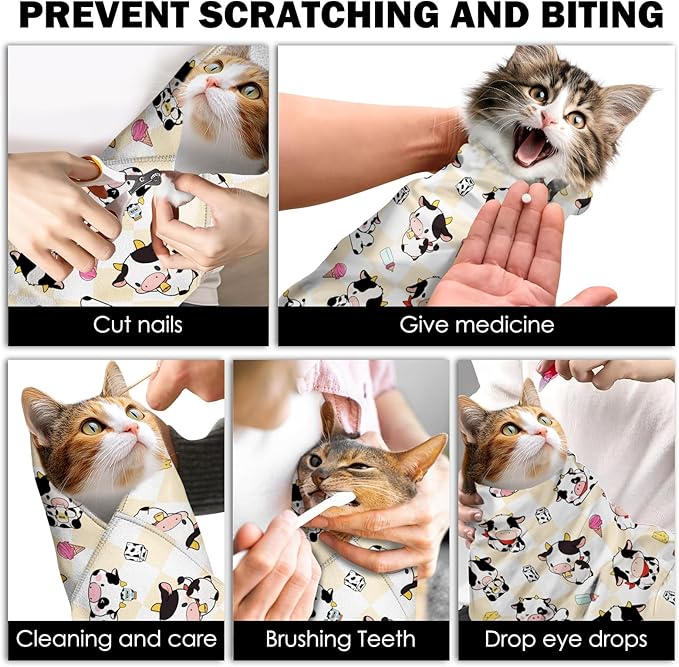 27.6" Cat Grooming Wrap, Self Adhesive Cat Wrap for Cutting Nails, Anti-Escape Calming Cat Swaddle Wrap for Medicine Ear Cleaning, Cartoon Cow Anti-Scratch Cats Burrito Restraint Blanket, Pet Tool-PawvioPets