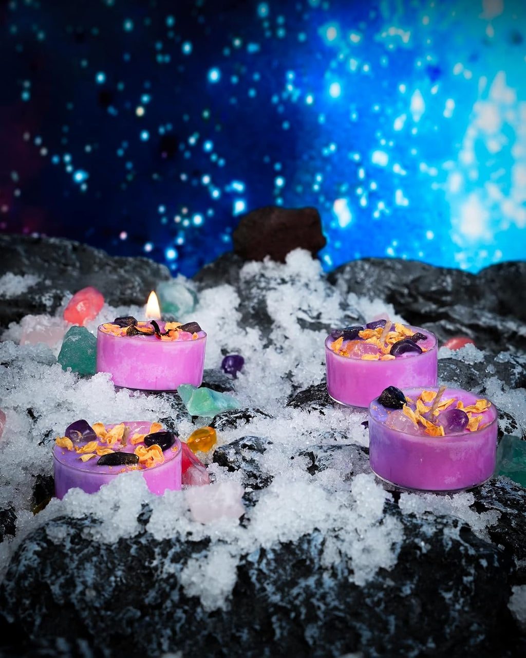 Tealight Soy Candles with Crystals And Herbs, Handmade Energy Candles, Healing Crystal Soy Candles, Aromatherapy Candles. (Purple)